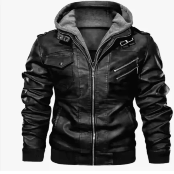 Hooded Casual Leather Jacket Zipper Digging Waterproof - Image 2