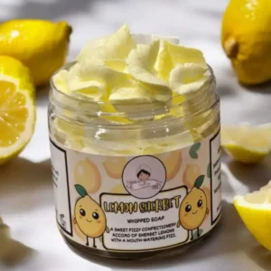 Lemon Sherbet Shea Butter Infused Whipped Soap with a light fluffy texture, citrus scent, and moisturising formula for soft smooth skin